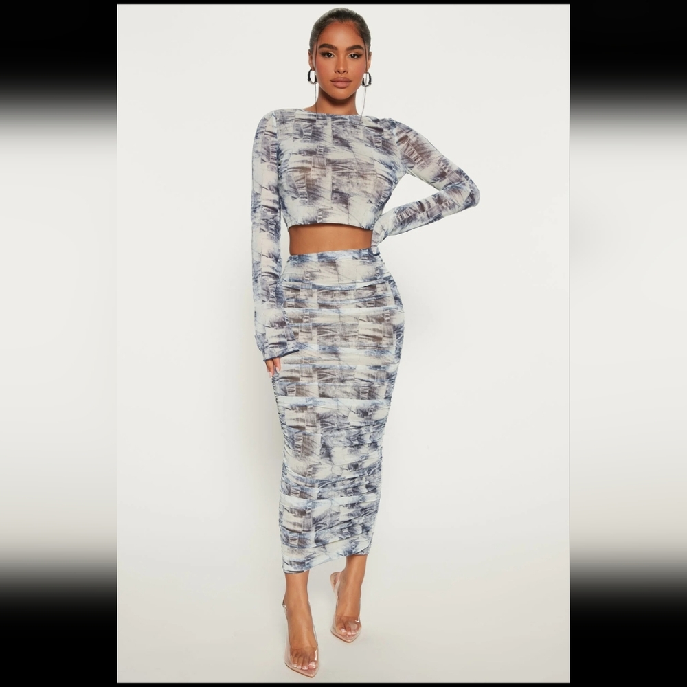 2 piece skirt set Denim Blue and White